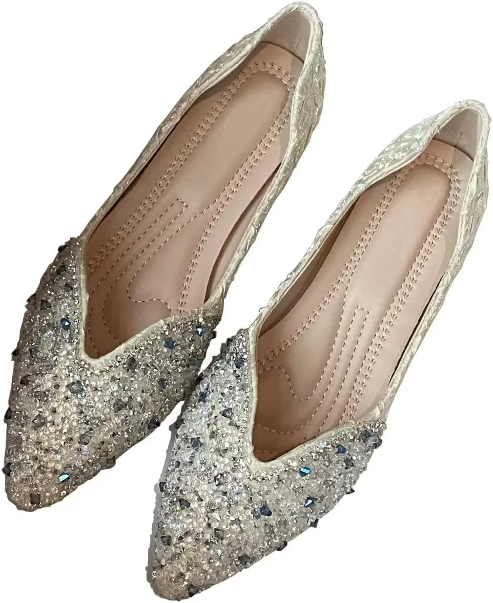 Stunner Women's Pointed Toe Flats Fashion Shiny Rhinestone Flats Comfortable Wedding Party Office Flat Shoes