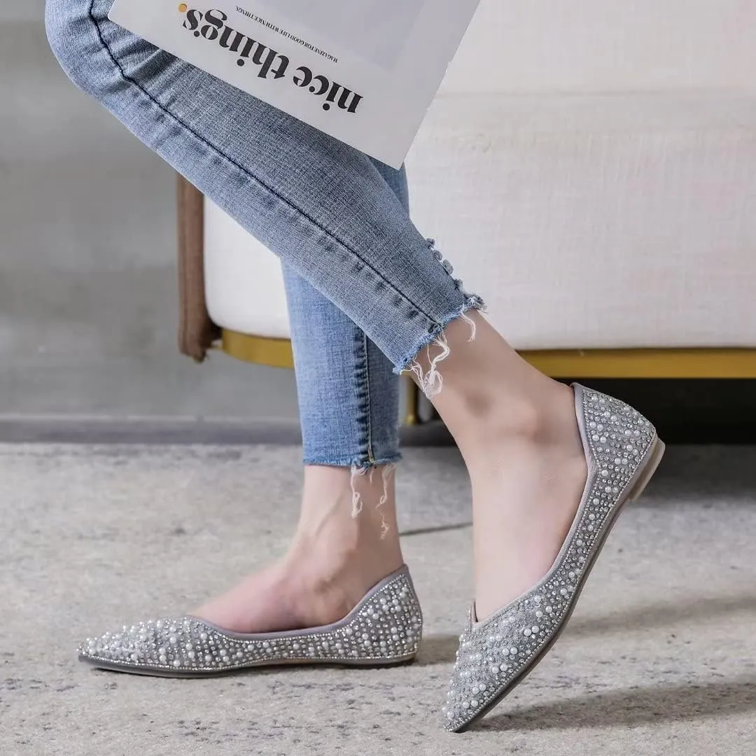 Stunner Women's Pointed Toe Flats Fashion Shiny Rhinestone Flats Comfortable Wedding Party Office Flat Shoes
