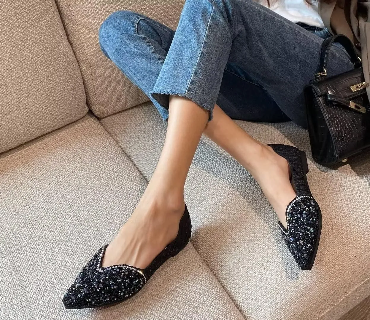 Stunner Women's Pointed Toe Flats Fashion Shiny Rhinestone Flats Comfortable Wedding Party Office Flat Shoes