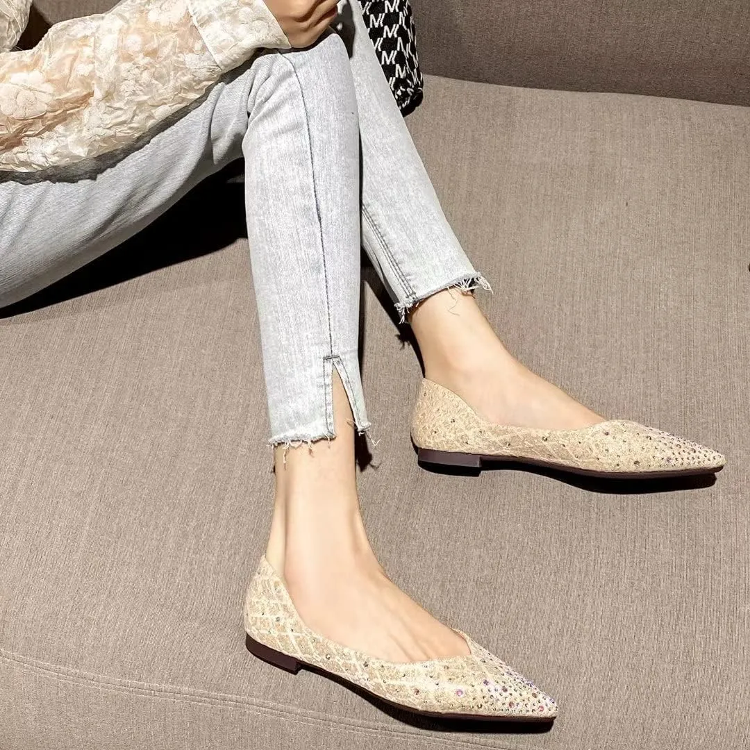 Stunner Women's Pointed Toe Flats Fashion Shiny Rhinestone Flats Comfortable Wedding Party Office Flat Shoes