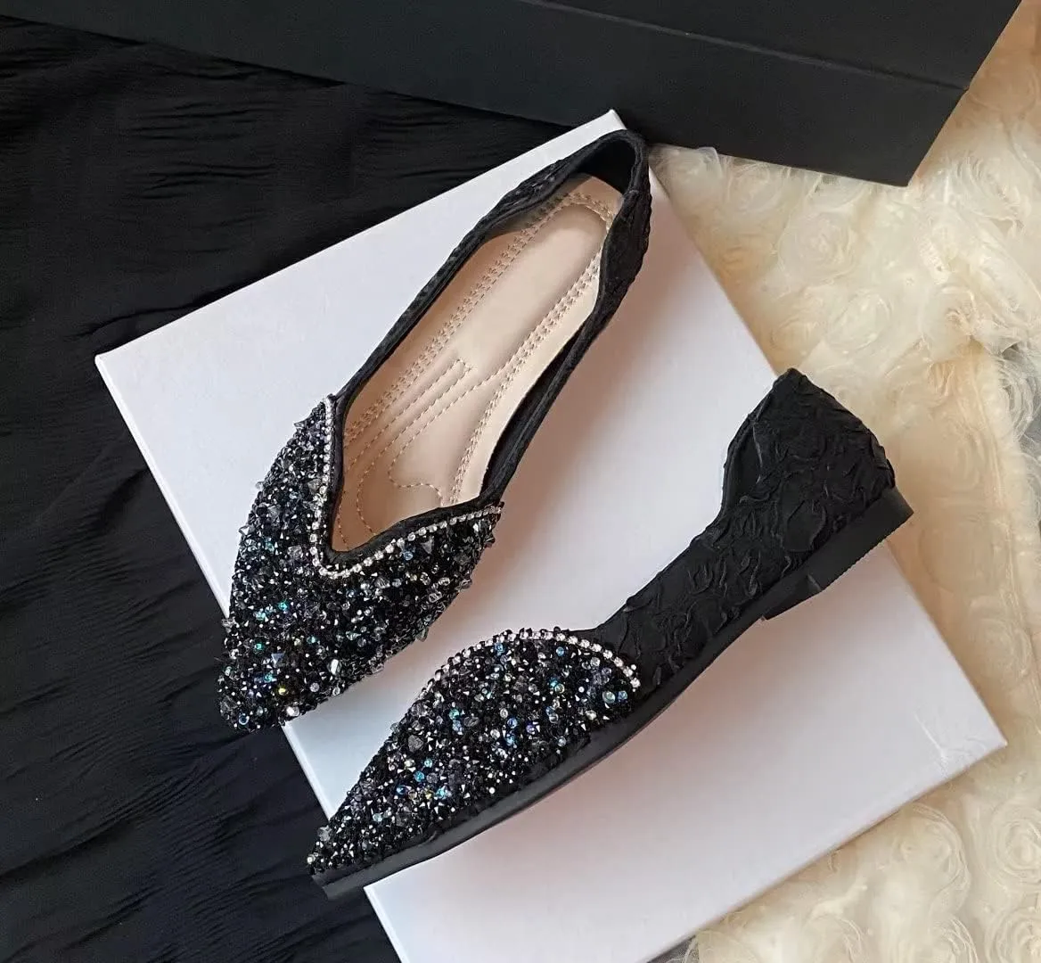 Stunner Women's Pointed Toe Flats Fashion Shiny Rhinestone Flats Comfortable Wedding Party Office Flat Shoes