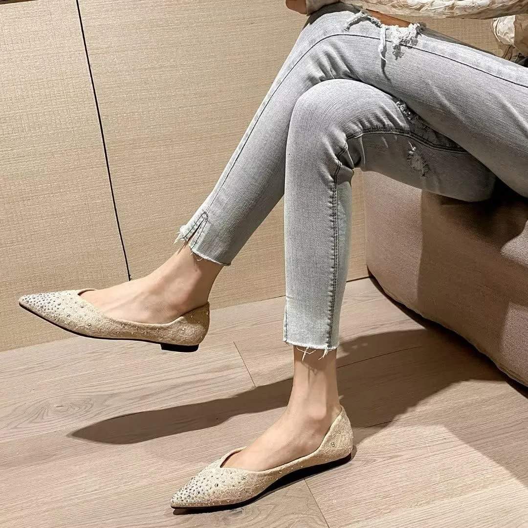 Stunner Women's Pointed Toe Flats Fashion Shiny Rhinestone Flats Comfortable Wedding Party Office Flat Shoes