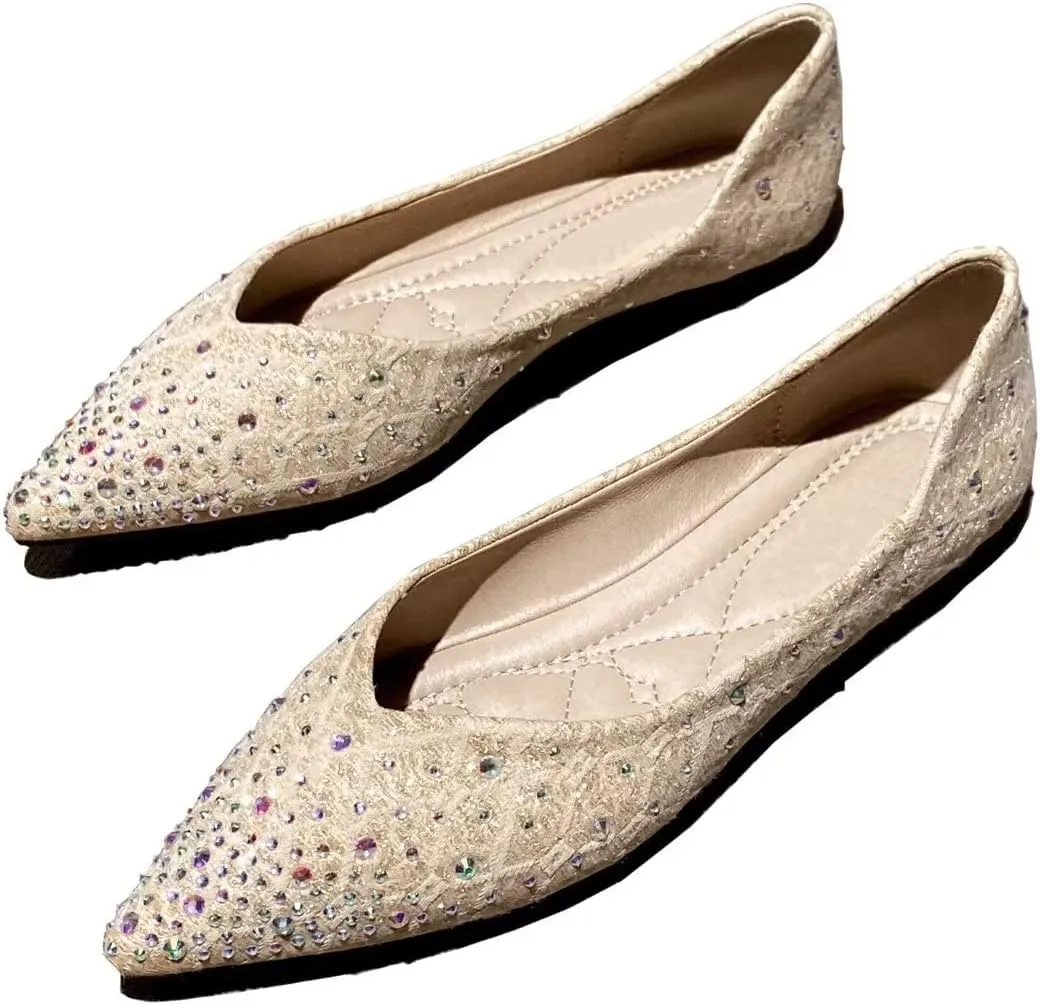Stunner Women's Pointed Toe Flats Fashion Shiny Rhinestone Flats Comfortable Wedding Party Office Flat Shoes