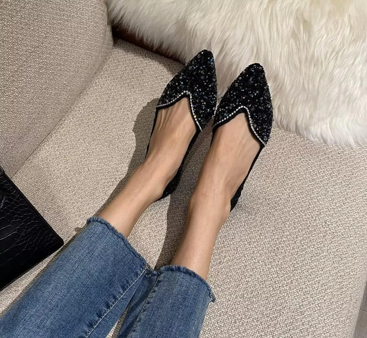 Stunner Women's Pointed Toe Flats Fashion Shiny Rhinestone Flats Comfortable Wedding Party Office Flat Shoes