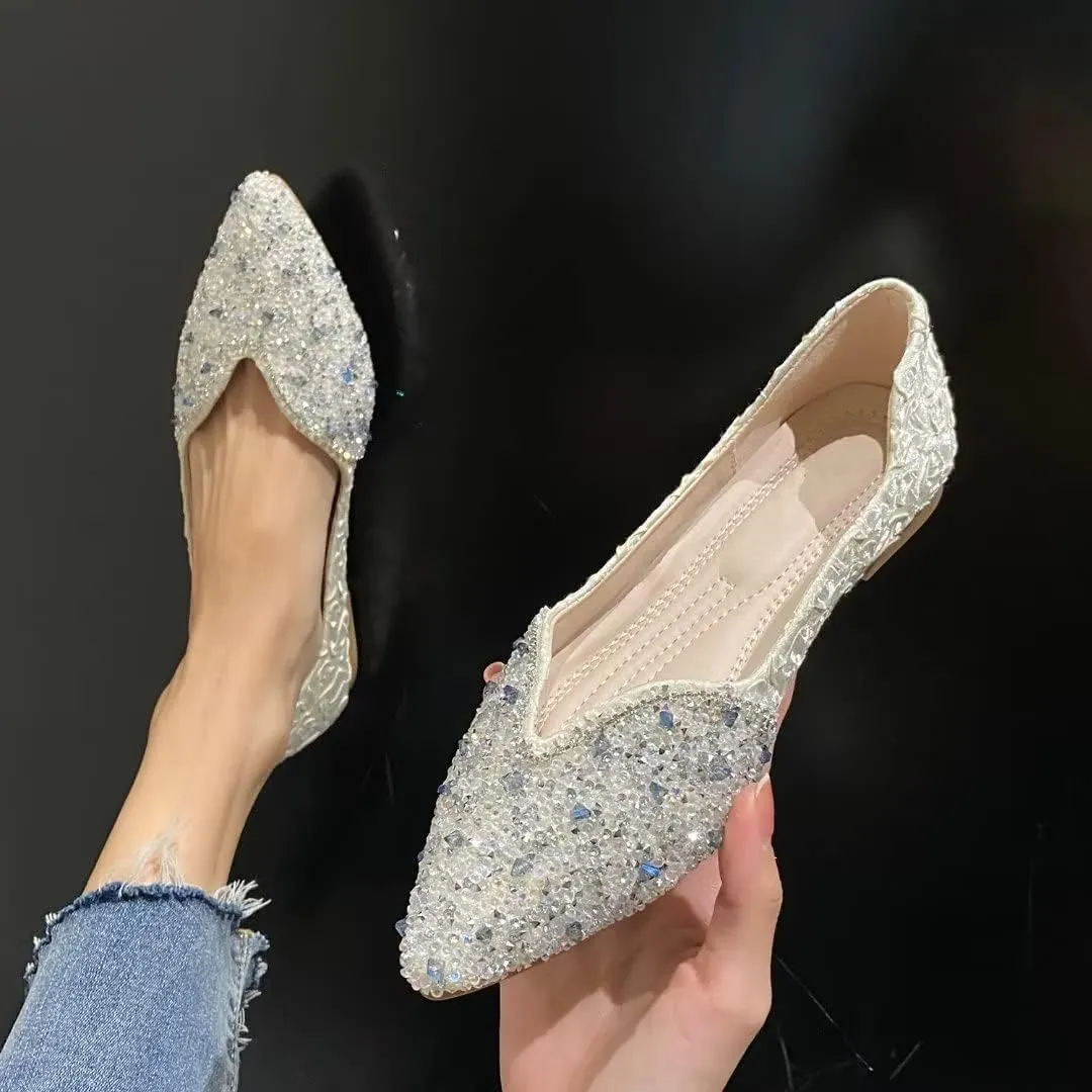 Stunner Women's Pointed Toe Flats Fashion Shiny Rhinestone Flats Comfortable Wedding Party Office Flat Shoes