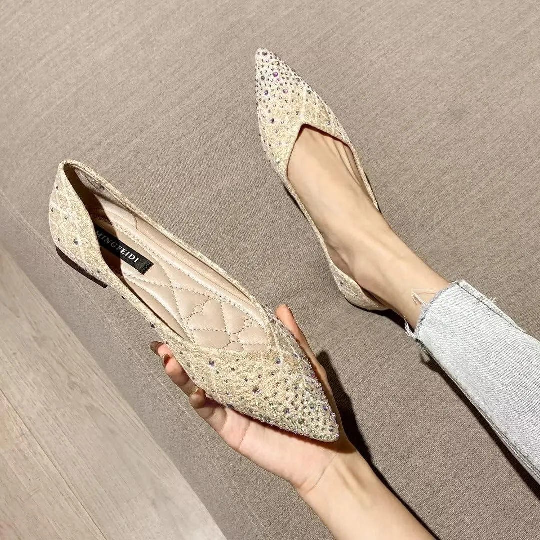Stunner Women's Pointed Toe Flats Fashion Shiny Rhinestone Flats Comfortable Wedding Party Office Flat Shoes