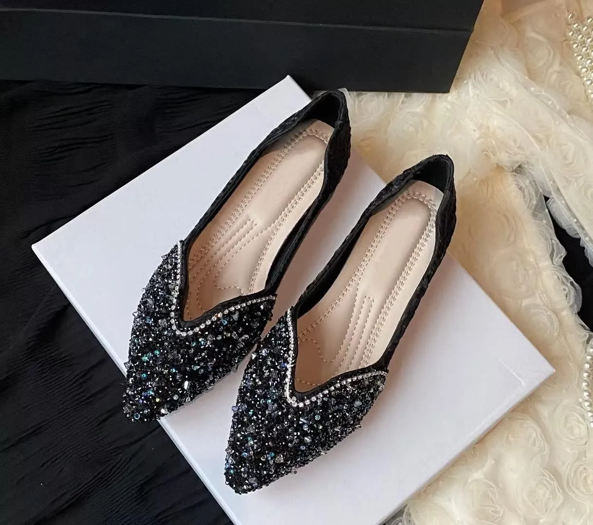 Stunner Women's Pointed Toe Flats Fashion Shiny Rhinestone Flats Comfortable Wedding Party Office Flat Shoes