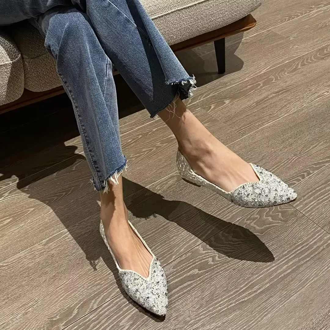 Stunner Women's Pointed Toe Flats Fashion Shiny Rhinestone Flats Comfortable Wedding Party Office Flat Shoes