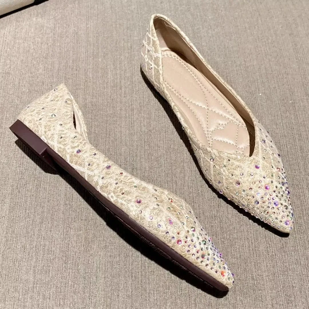 Stunner Women's Pointed Toe Flats Fashion Shiny Rhinestone Flats Comfortable Wedding Party Office Flat Shoes