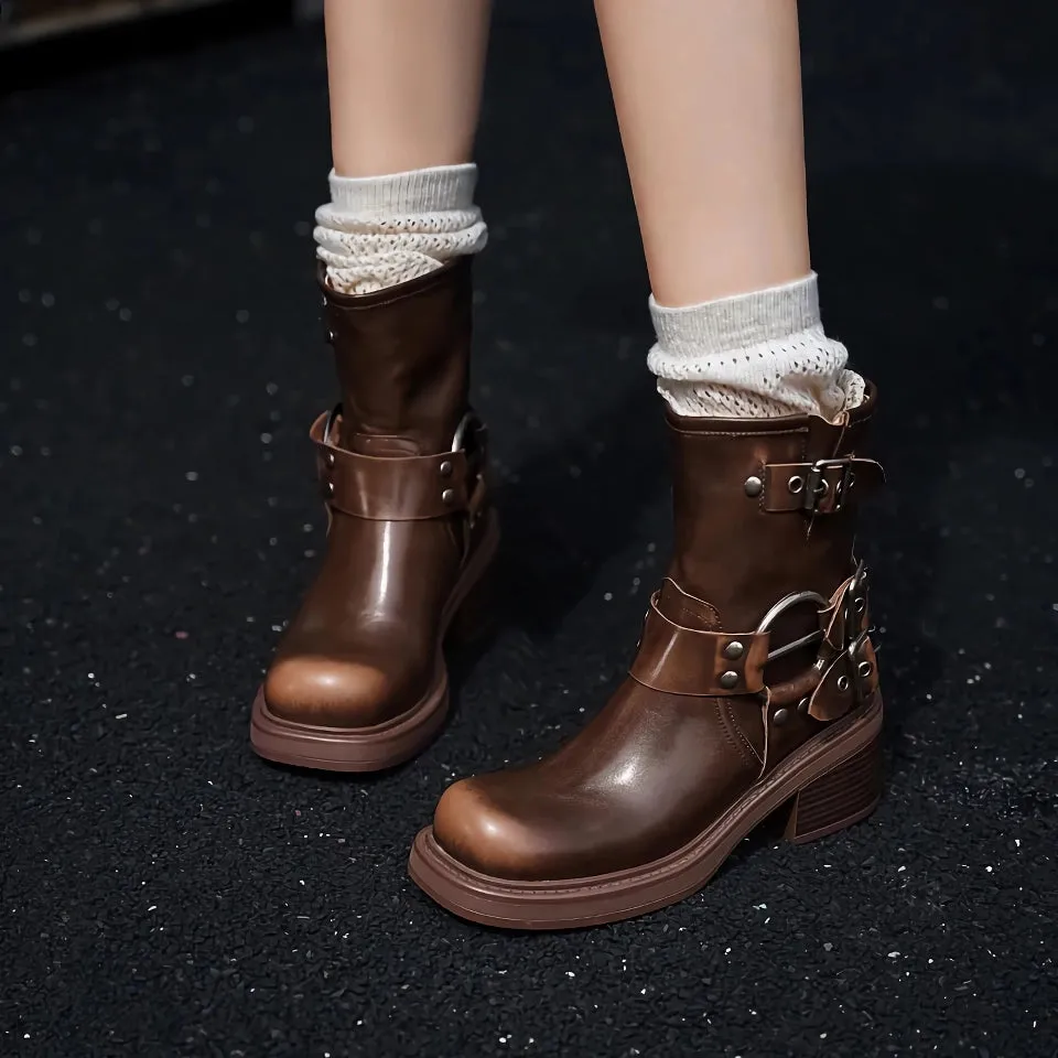 Stylish Retro Women's Ankle Motorcycle Boots with Buckle Straps