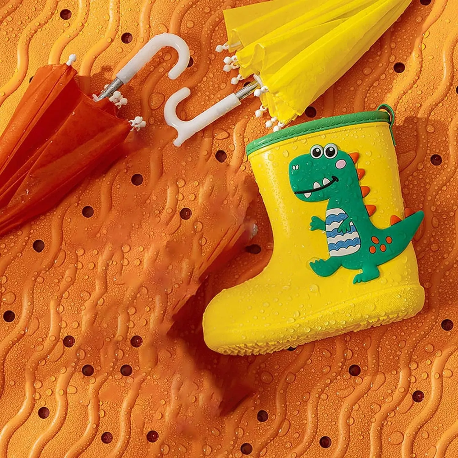 Toddler Waterproof Rain Boots Kids Rubber Boots Cute 3D Dinosaur Pull On Rainboots Boys Girls Soft Water Shoes