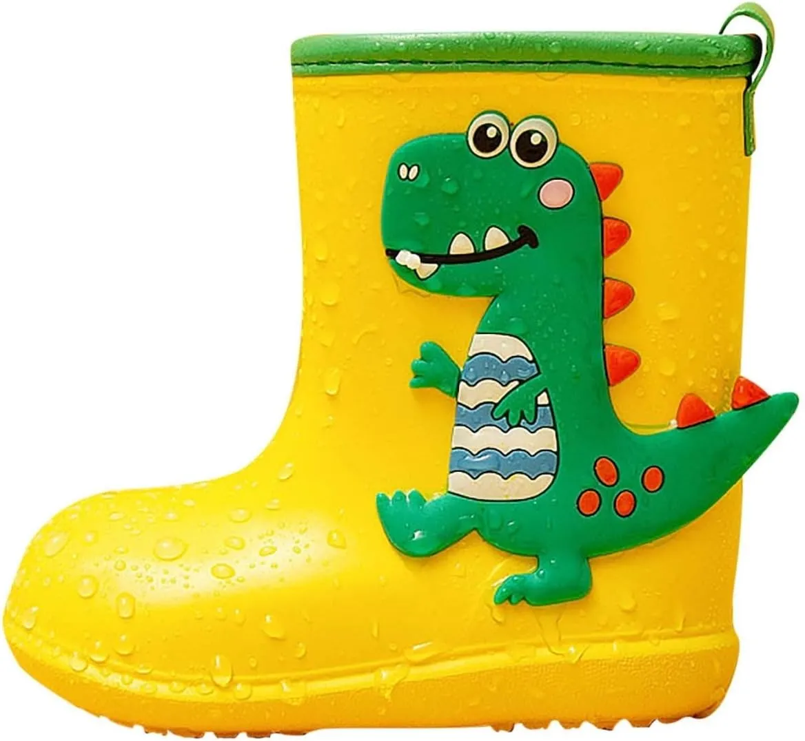 Toddler Waterproof Rain Boots Kids Rubber Boots Cute 3D Dinosaur Pull On Rainboots Boys Girls Soft Water Shoes