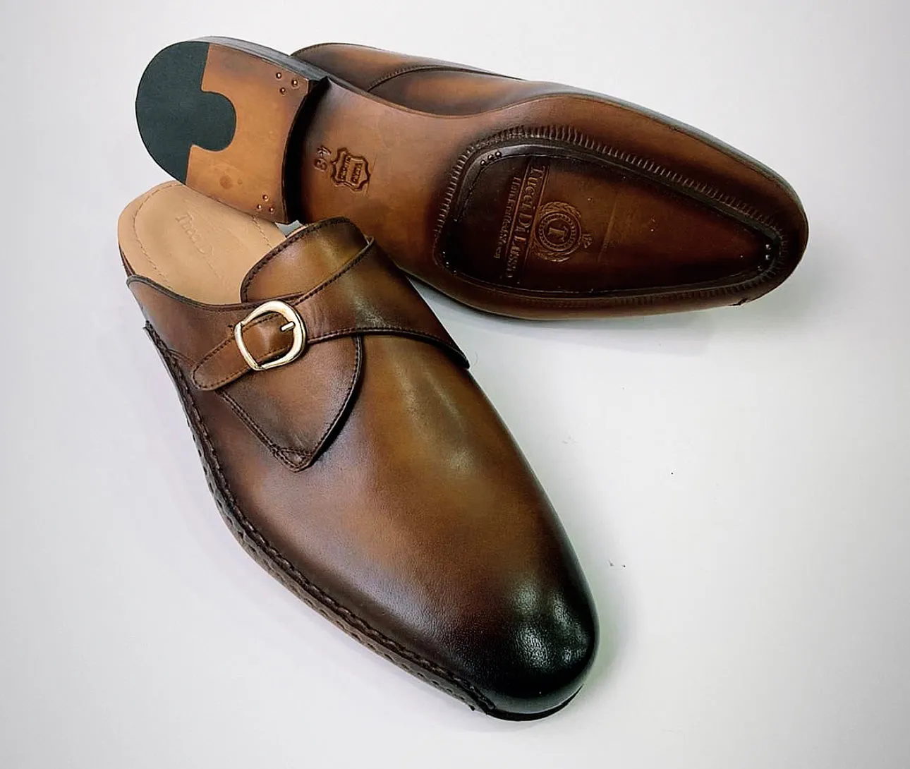 Tucci Di Lusso Mens Burnished Brown Handcrafted Italian Leather Luxury Single Buckle Slippers Mule