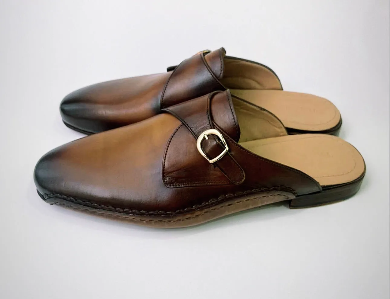 Tucci Di Lusso Mens Burnished Brown Handcrafted Italian Leather Luxury Single Buckle Slippers Mule