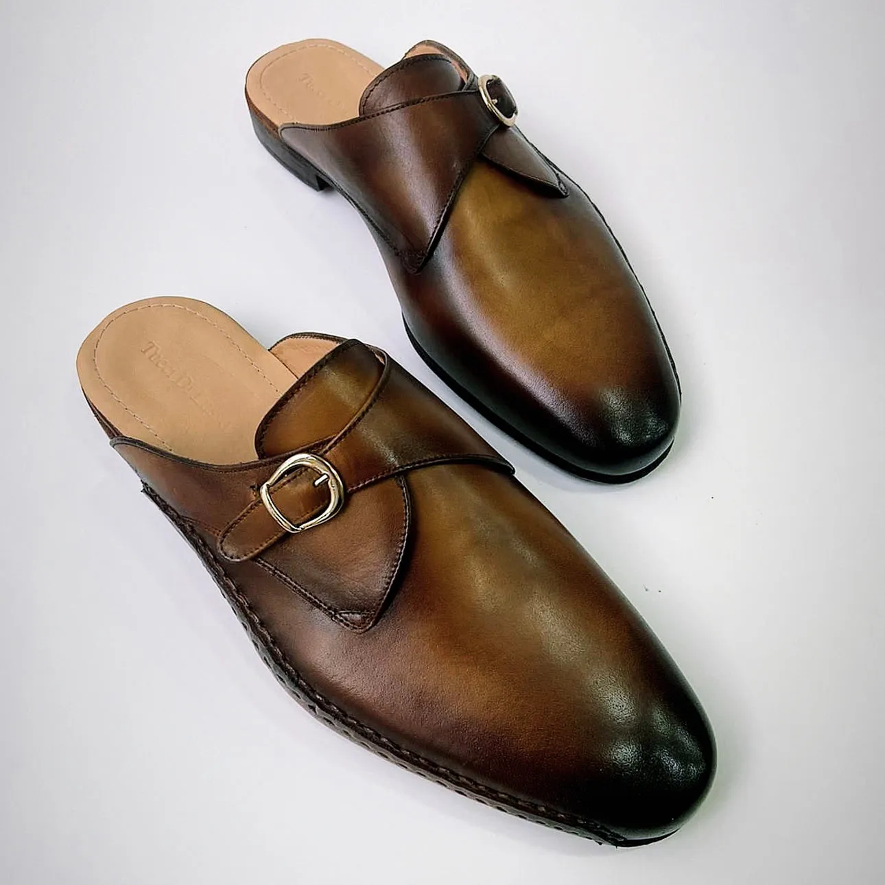 Tucci Di Lusso Mens Burnished Brown Handcrafted Italian Leather Luxury Single Buckle Slippers Mule