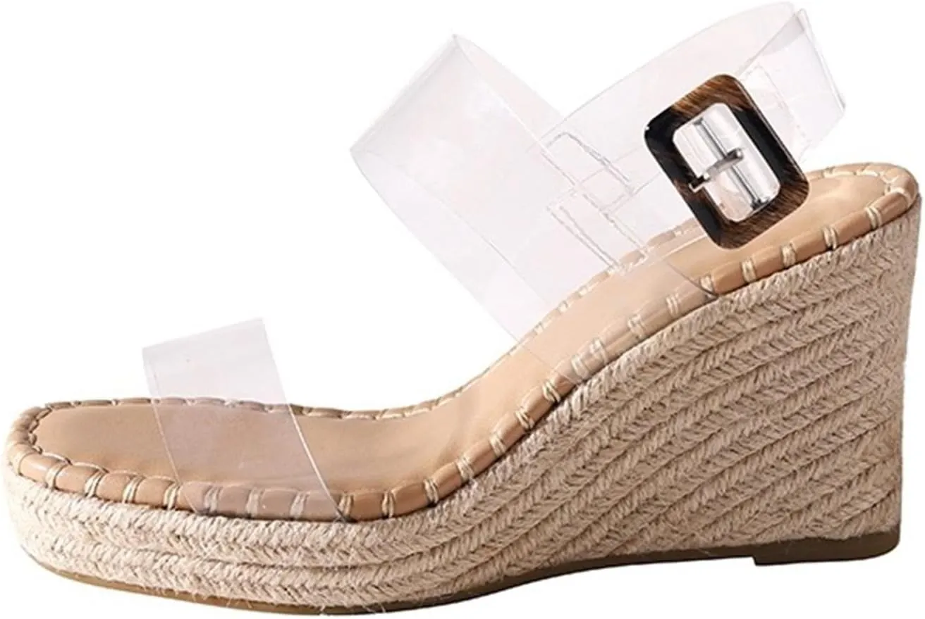 VARECOLA Women Square Open Toe Wedges Sandals Shoes Strappy Transparent Straw Woven Ankle Strap Platform Espadrilles Chic Pumps Clear