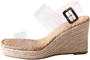 VARECOLA Women Square Open Toe Wedges Sandals Shoes Strappy Transparent Straw Woven Ankle Strap Platform Espadrilles Chic Pumps Clear