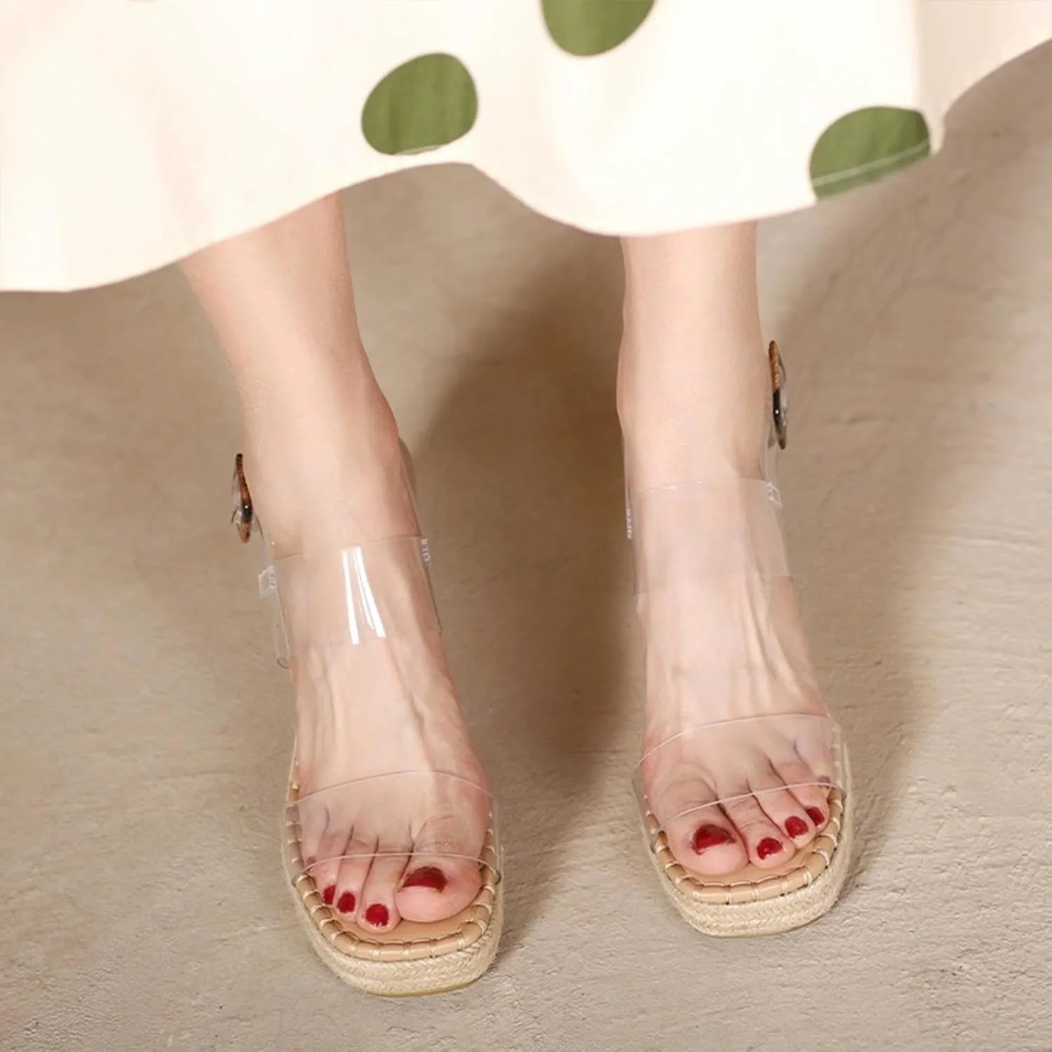VARECOLA Women Square Open Toe Wedges Sandals Shoes Strappy Transparent Straw Woven Ankle Strap Platform Espadrilles Chic Pumps Clear