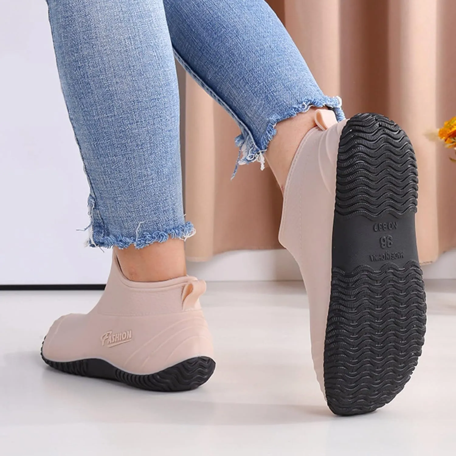 Waterproof Rain Boots Women Mens Grounded Footwear Ruffle Ankle Booties Slip On Barefoot Shoes Mid Calf Rain Boots for Women,Waterproof Garden Knee High Boots
