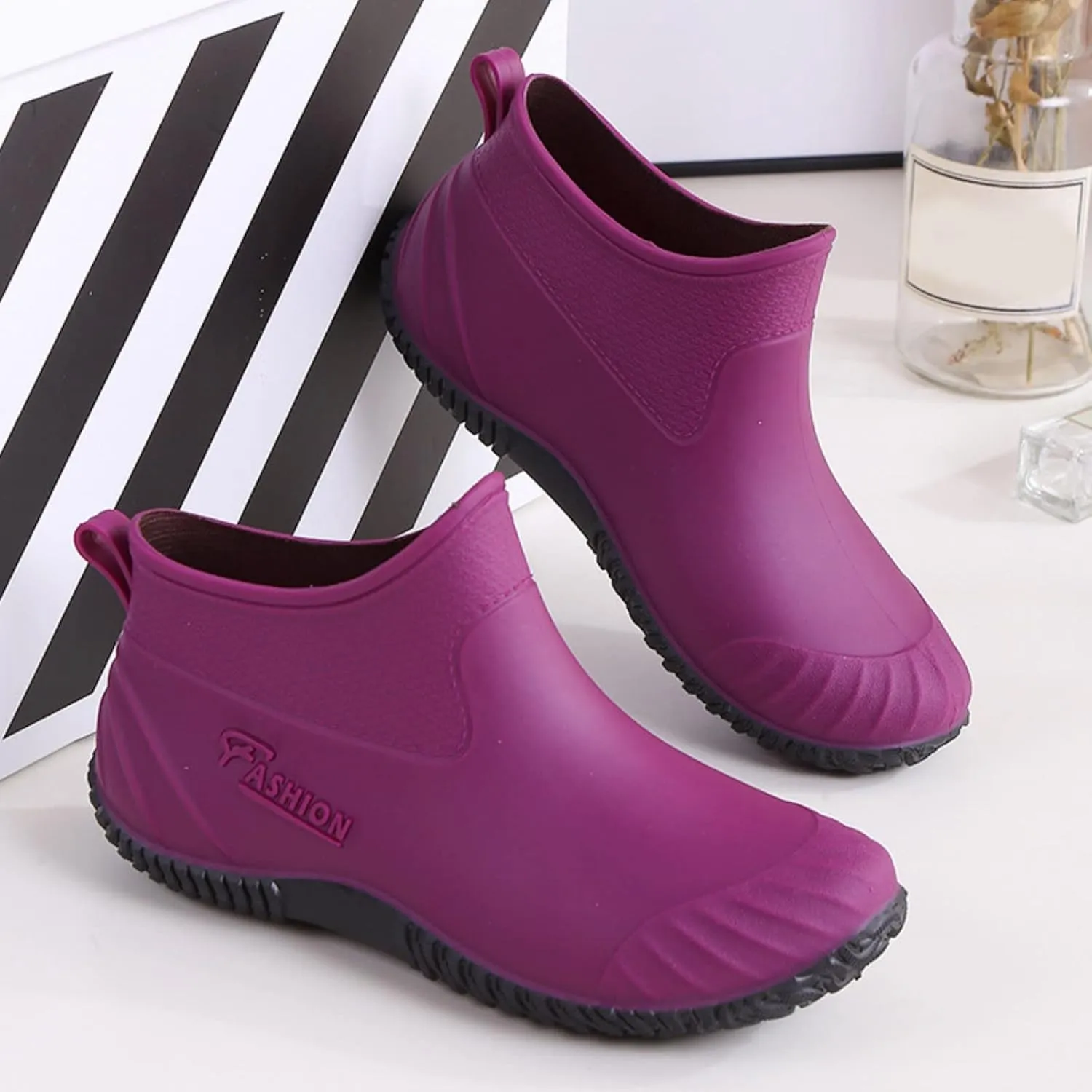 Waterproof Rain Boots Women Mens Grounded Footwear Ruffle Ankle Booties Slip On Barefoot Shoes Mid Calf Rain Boots for Women,Waterproof Garden Knee High Boots