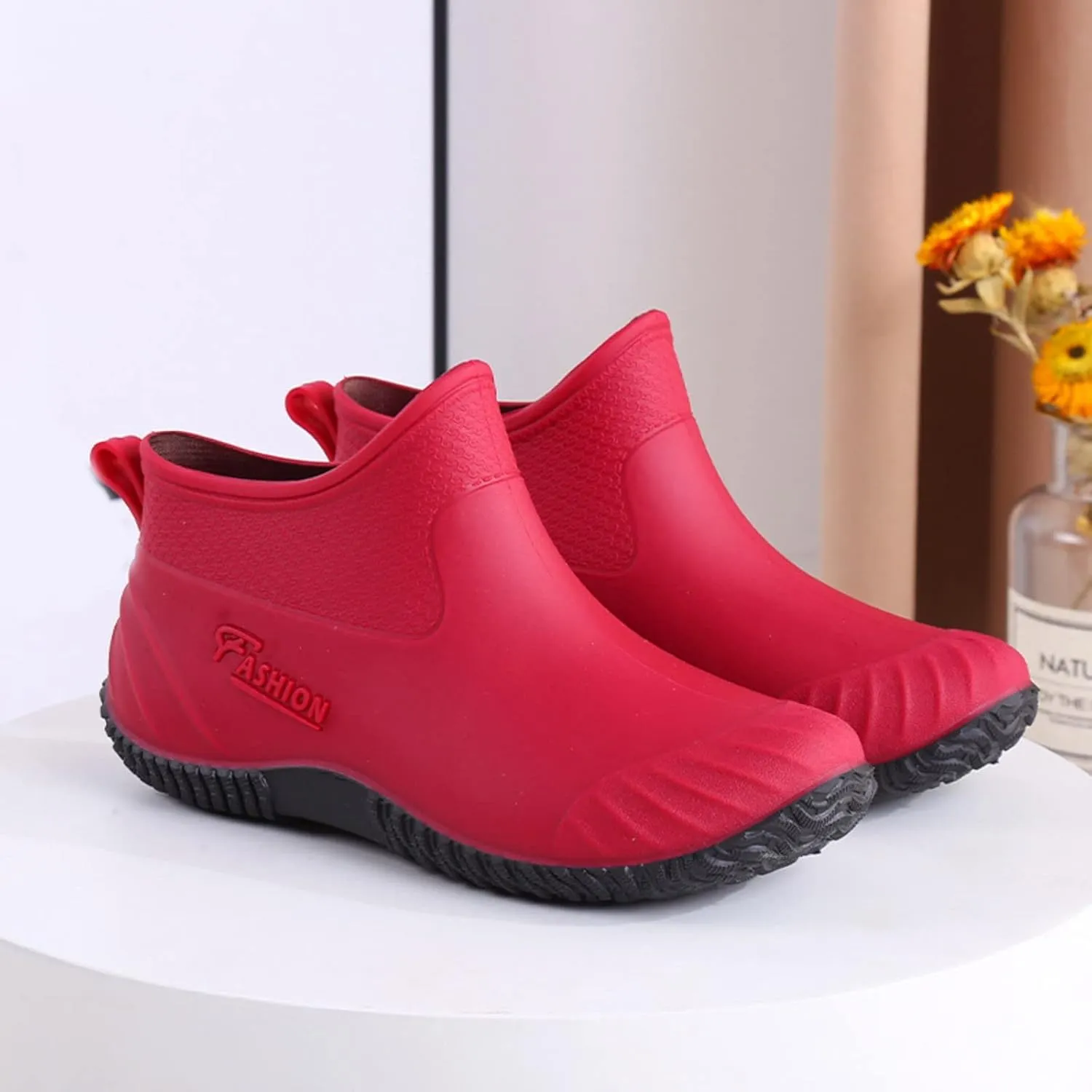 Waterproof Rain Boots Women Mens Grounded Footwear Ruffle Ankle Booties Slip On Barefoot Shoes Mid Calf Rain Boots for Women,Waterproof Garden Knee High Boots