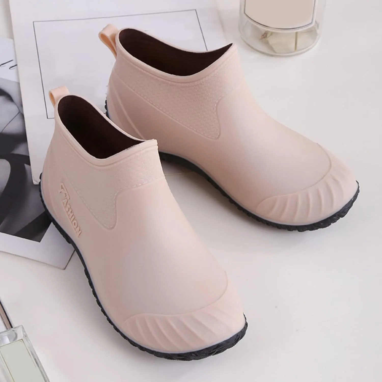 Waterproof Rain Boots Women Mens Grounded Footwear Ruffle Ankle Booties Slip On Barefoot Shoes Mid Calf Rain Boots for Women,Waterproof Garden Knee High Boots