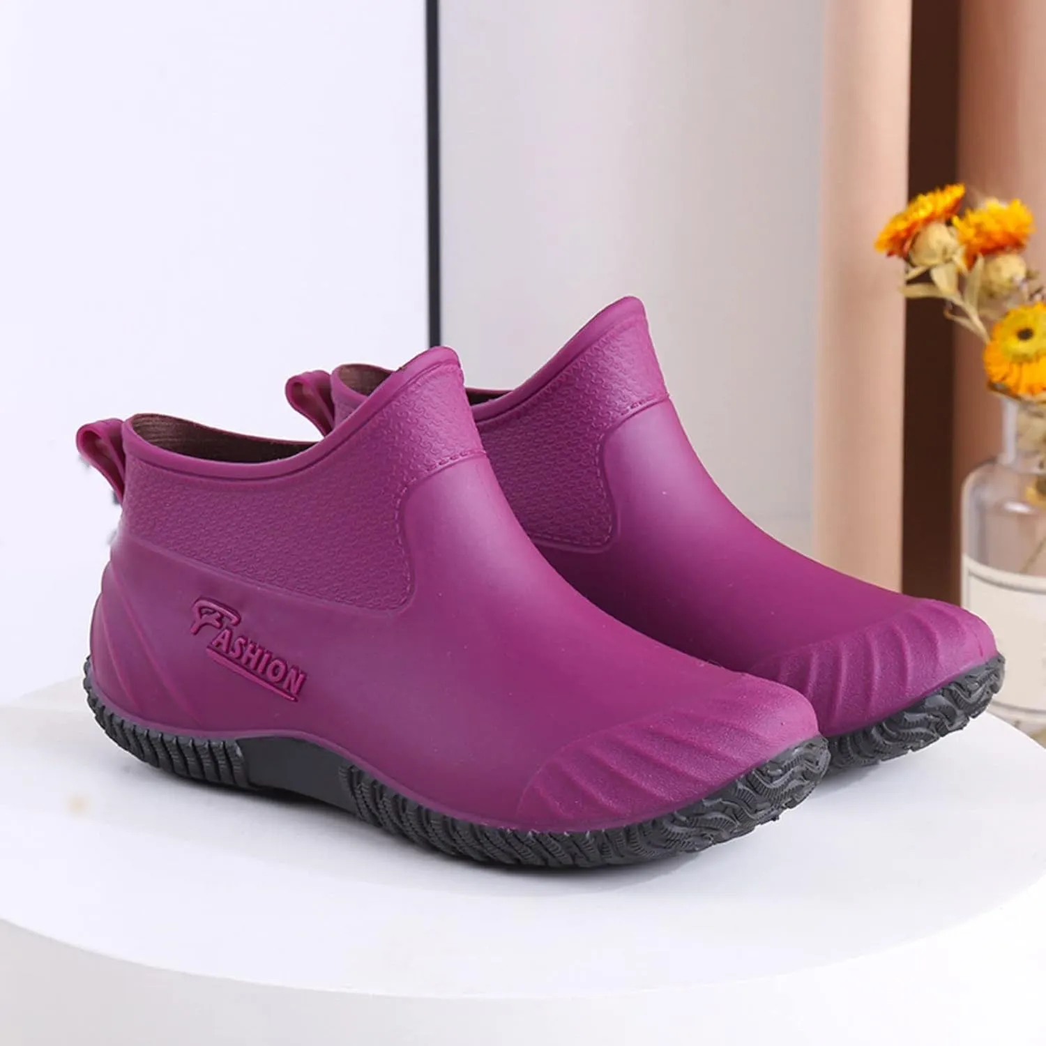 Waterproof Rain Boots Women Mens Grounded Footwear Ruffle Ankle Booties Slip On Barefoot Shoes Mid Calf Rain Boots for Women,Waterproof Garden Knee High Boots