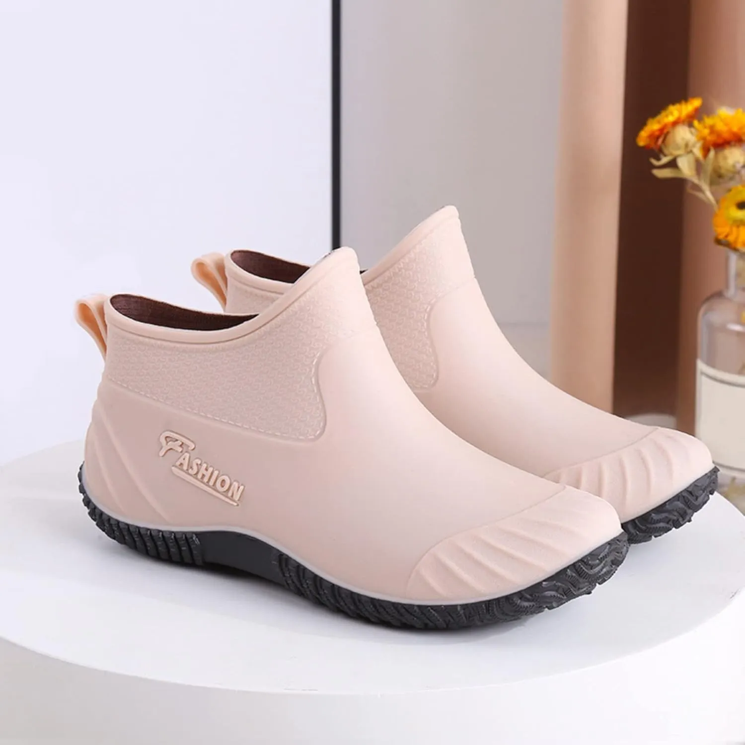 Waterproof Rain Boots Women Mens Grounded Footwear Ruffle Ankle Booties Slip On Barefoot Shoes Mid Calf Rain Boots for Women,Waterproof Garden Knee High Boots