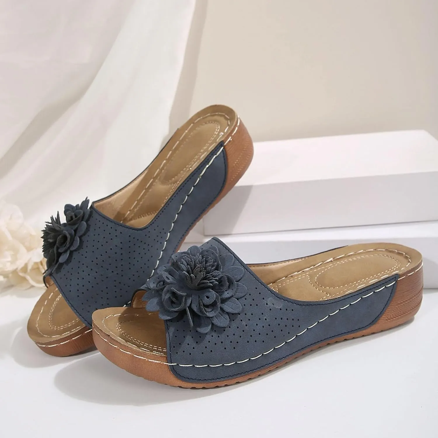 Wedge Sandals for Women Dressy Chic Flowers Orthopedic Sandals Summer Beach Sandal Casual Non Slip Platform Lightweight Wedge Shoes Comfortable Arch Support Casual Slip On Sandal
