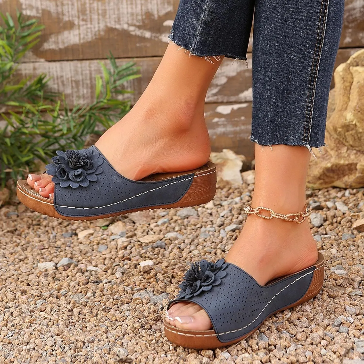 Wedge Sandals for Women Dressy Chic Flowers Orthopedic Sandals Summer Beach Sandal Casual Non Slip Platform Lightweight Wedge Shoes Comfortable Arch Support Casual Slip On Sandal