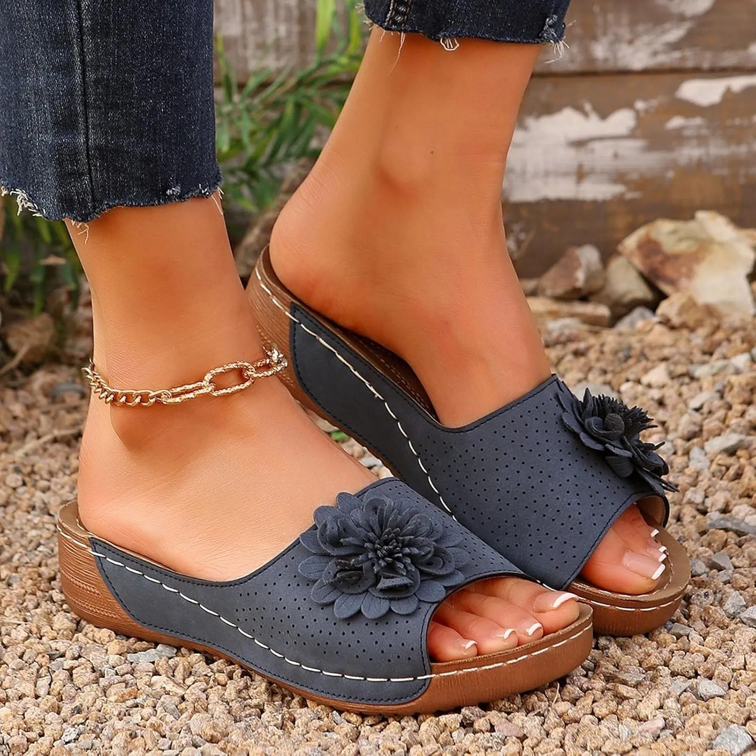 Wedge Sandals for Women Dressy Chic Flowers Orthopedic Sandals Summer Beach Sandal Casual Non Slip Platform Lightweight Wedge Shoes Comfortable Arch Support Casual Slip On Sandal