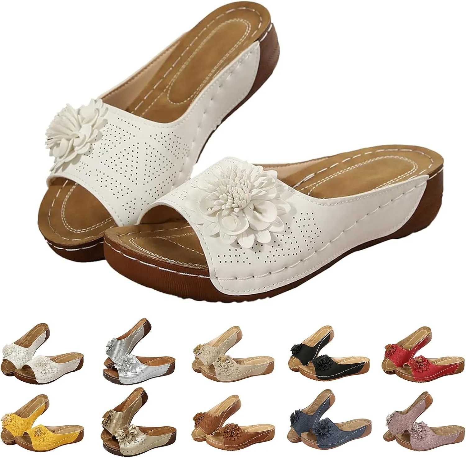 Wedge Sandals for Women Dressy Chic Flowers Orthopedic Sandals Summer Beach Sandal Casual Non Slip Platform Lightweight Wedge Shoes Comfortable Arch Support Casual Slip On Sandal