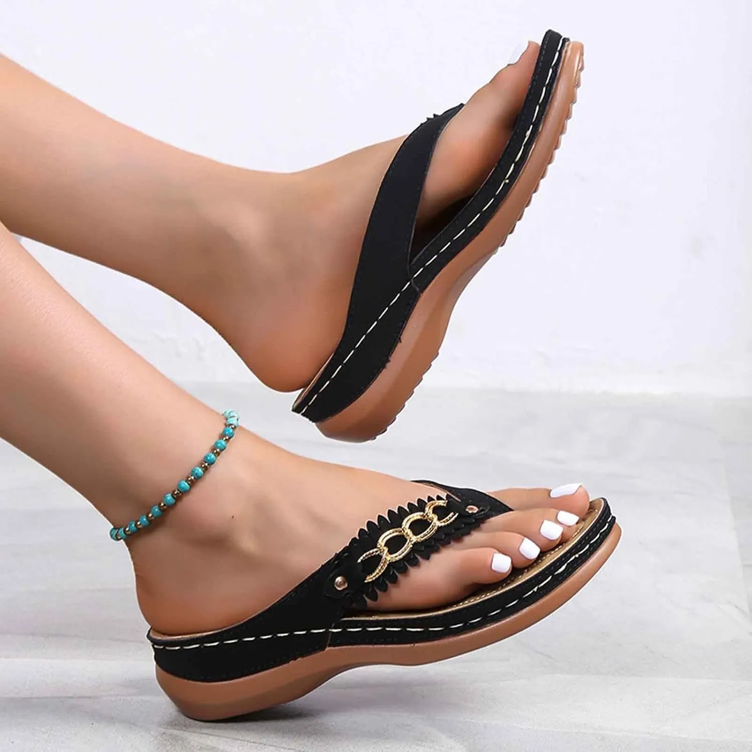Women Summer Comfortable Flip Flops Dressy Open Toe Sandals with Arch Support Low Heel Slippers Casual Beach