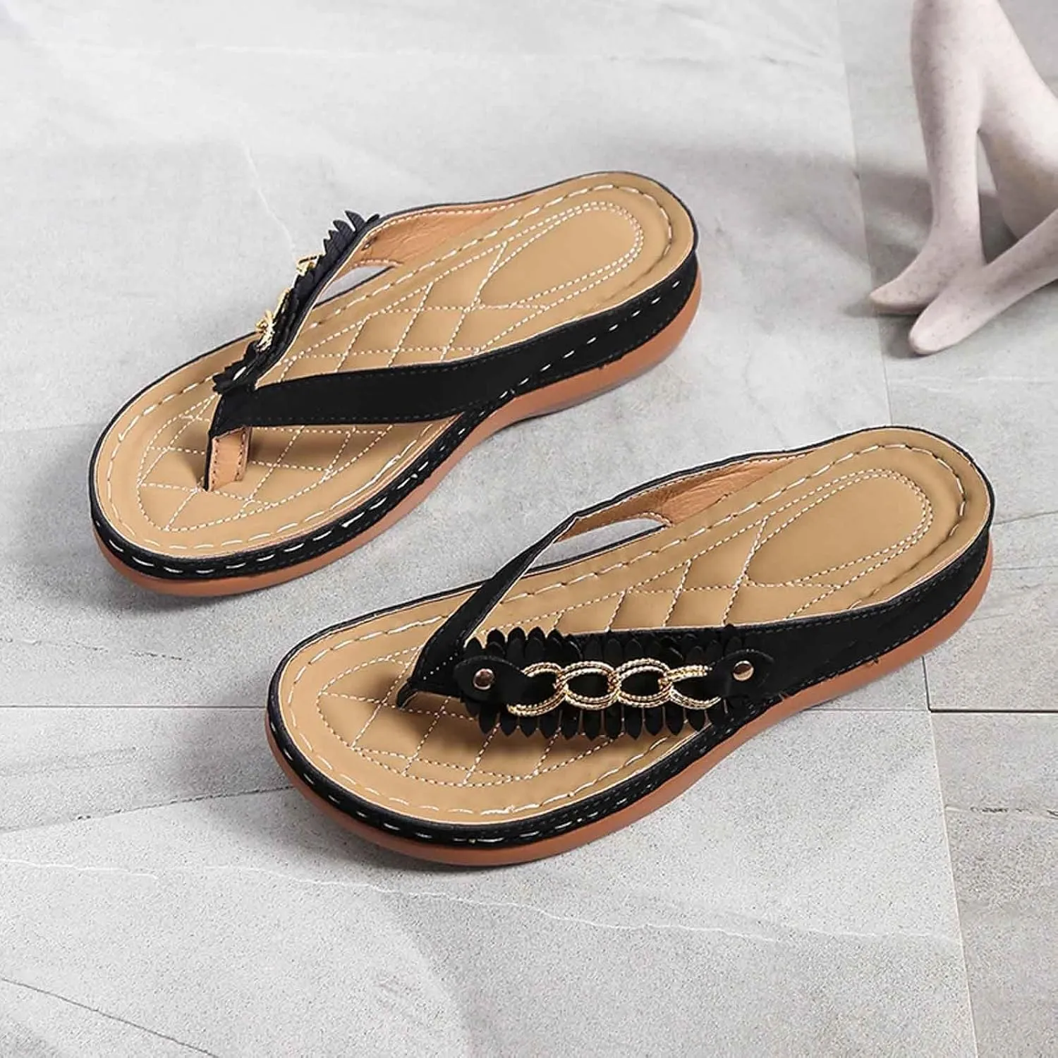 Women Summer Comfortable Flip Flops Dressy Open Toe Sandals with Arch Support Low Heel Slippers Casual Beach
