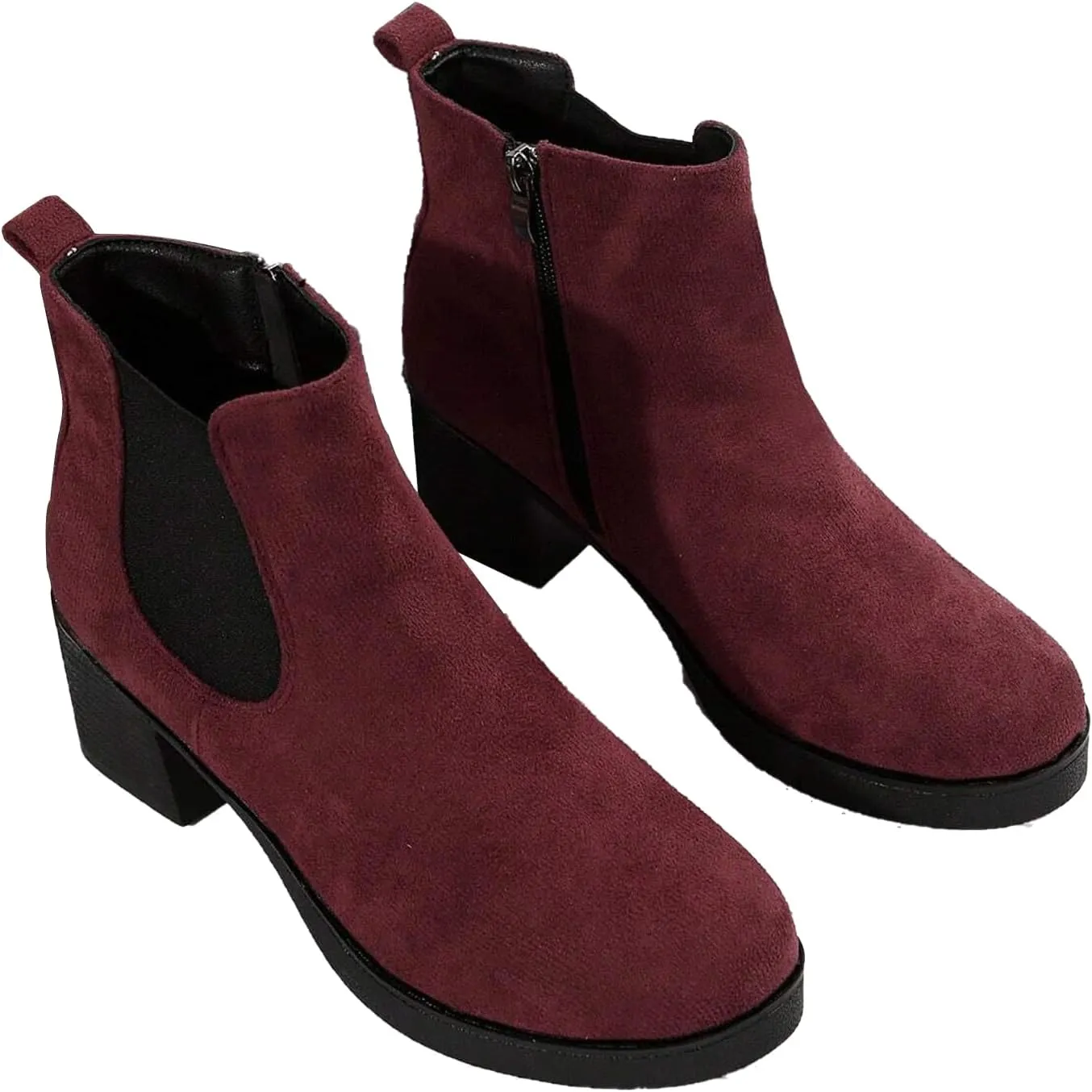 Women's Chelsea High Heel Ankle Boots - Chunky Heel Black Suede Short Boots - Ideal for Fall and Winter 2024 (Burgundy, Adult, Women's, 5.5, Digital, US Shoe System, Medium (Medium))