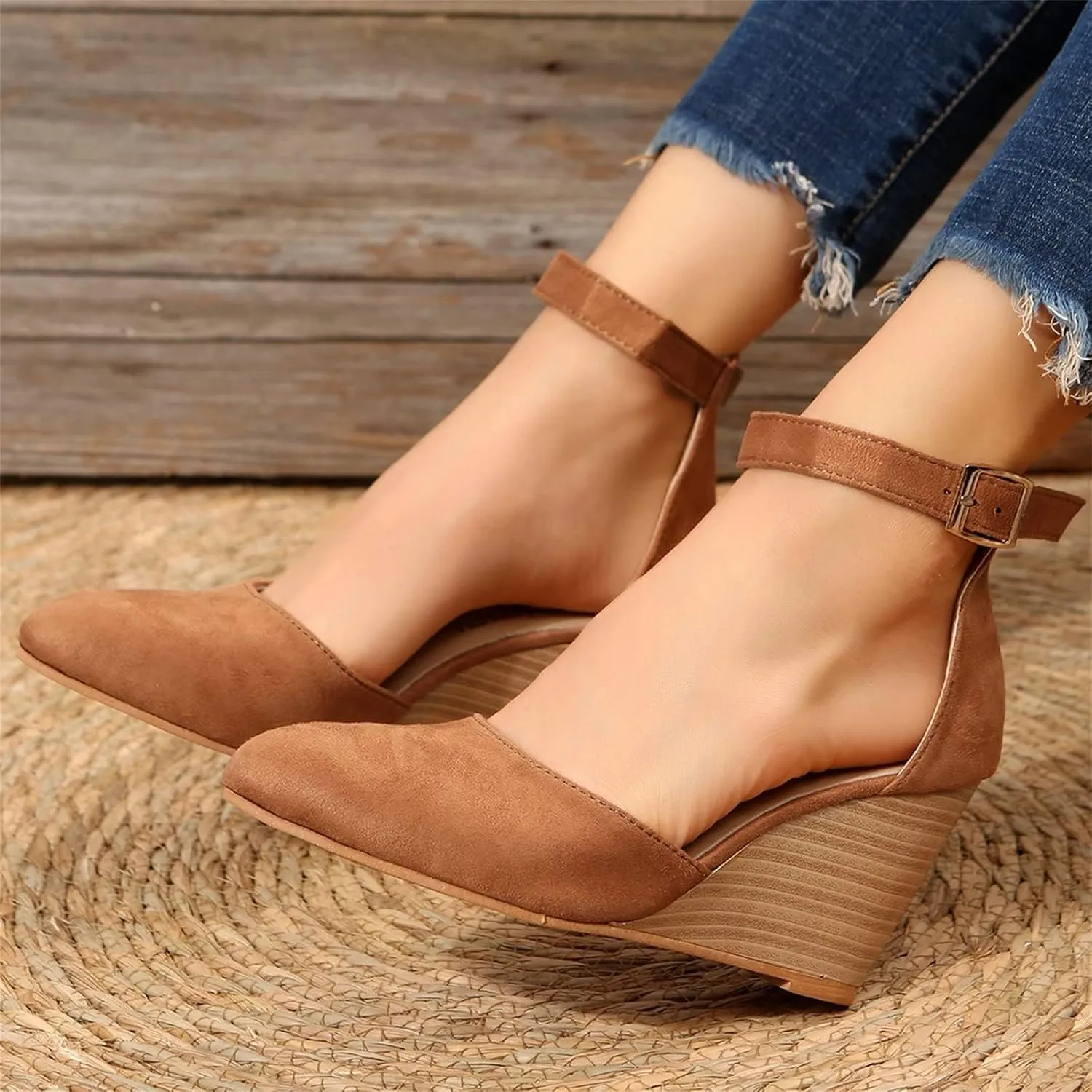Women's Dress Flats Ballet Low Wedge Round Toes Ankle Strap Comfortable Casual Closed Toe High Heels Dress Wedges Sandals Work Office Wedding Dresses Shoes