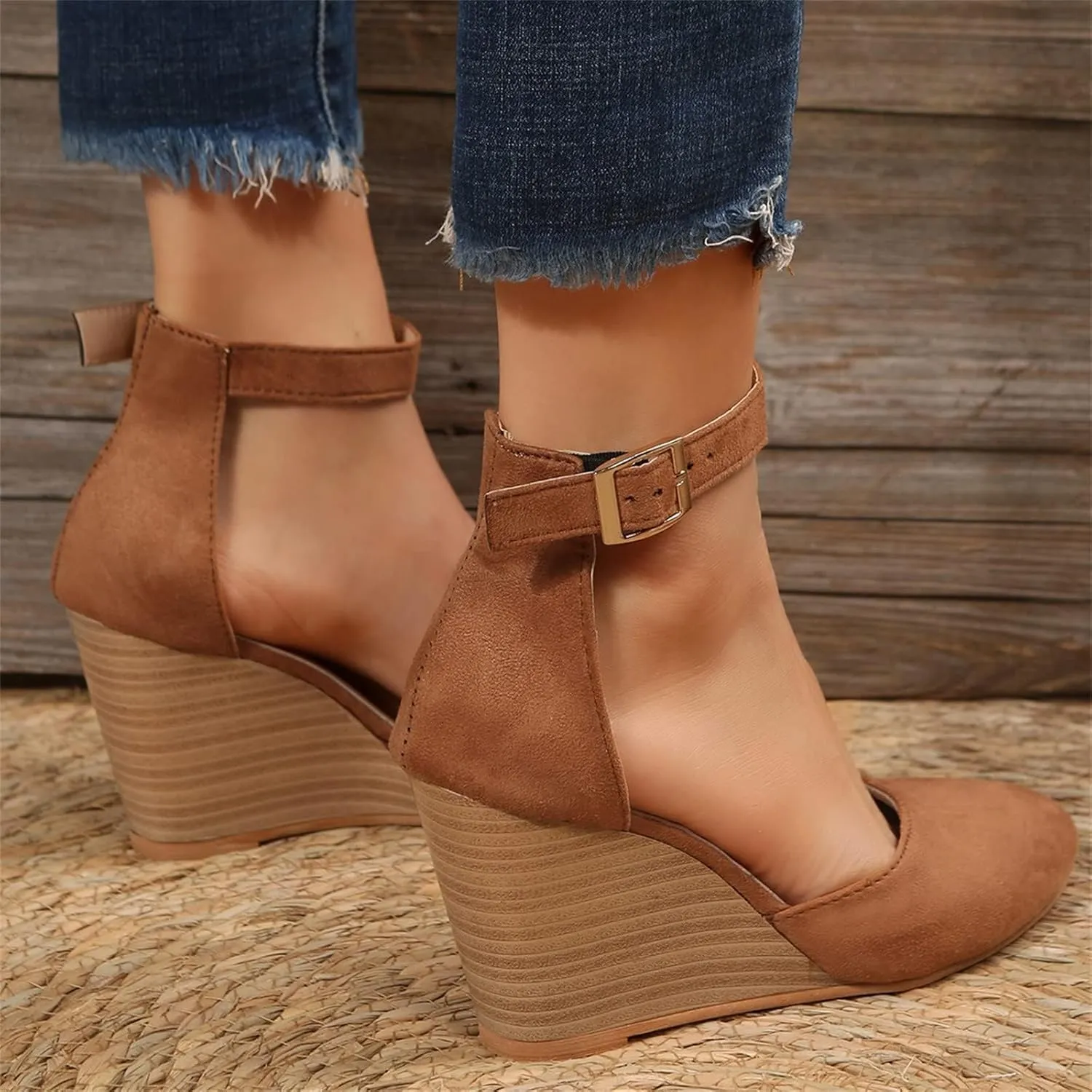 Women's Dress Flats Ballet Low Wedge Round Toes Ankle Strap Comfortable Casual Closed Toe High Heels Dress Wedges Sandals Work Office Wedding Dresses Shoes