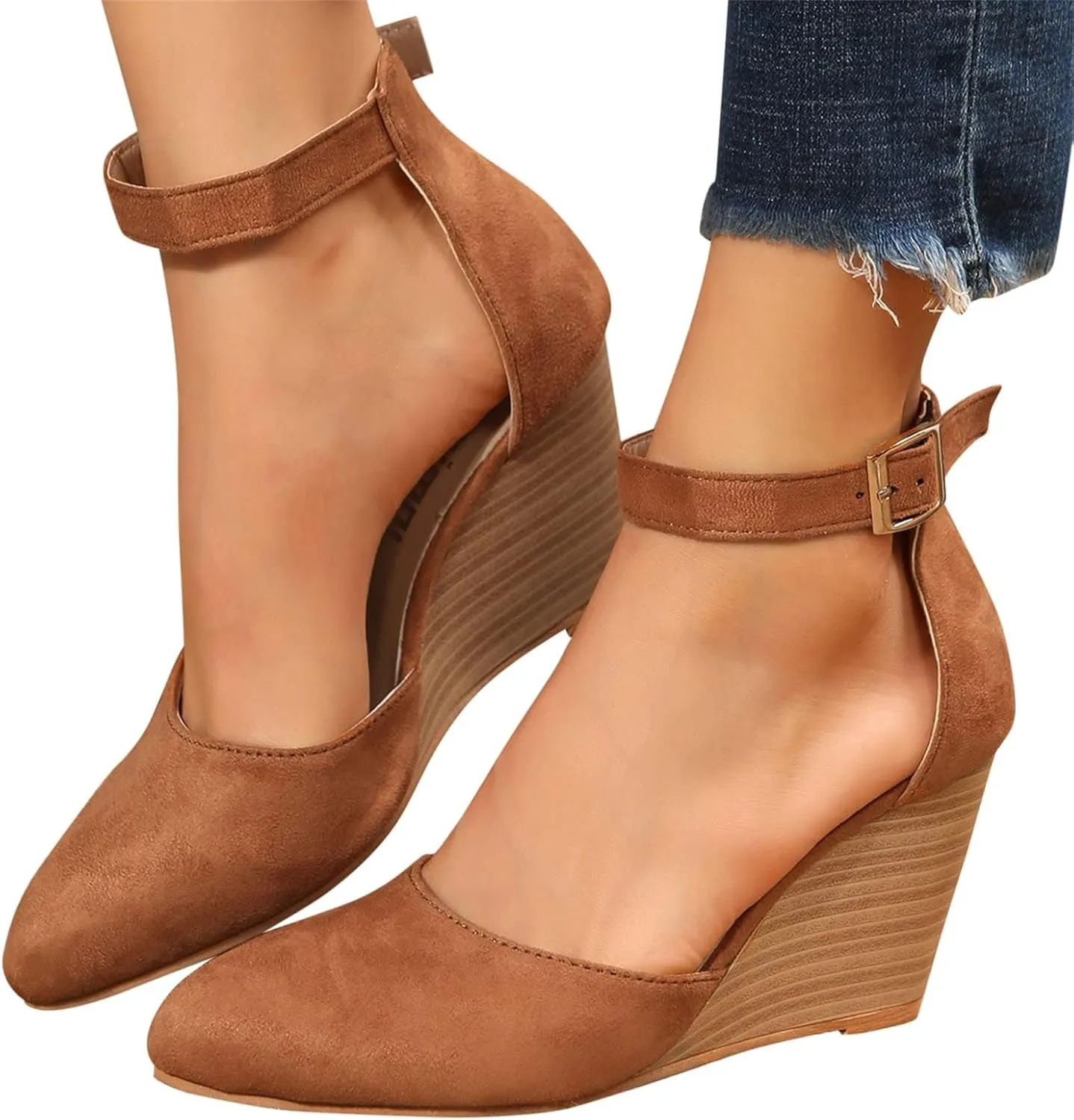 Women's Dress Flats Ballet Low Wedge Round Toes Ankle Strap Comfortable Casual Closed Toe High Heels Dress Wedges Sandals Work Office Wedding Dresses Shoes