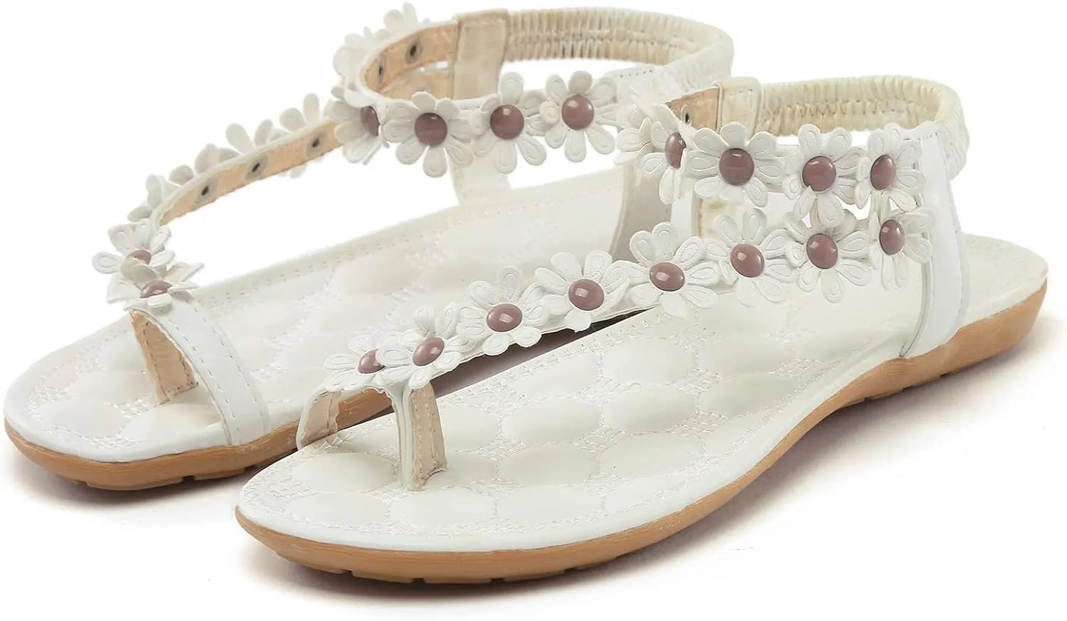 Womens Flat Thong Sandals Casual Comfortable Bohemia Elastic Ring Ankle Strap Dress Lightweight Slip on Flower Sandals