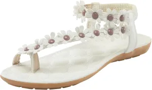 Womens Flat Thong Sandals Casual Comfortable Bohemia Elastic Ring Ankle Strap Dress Lightweight Slip on Flower Sandals