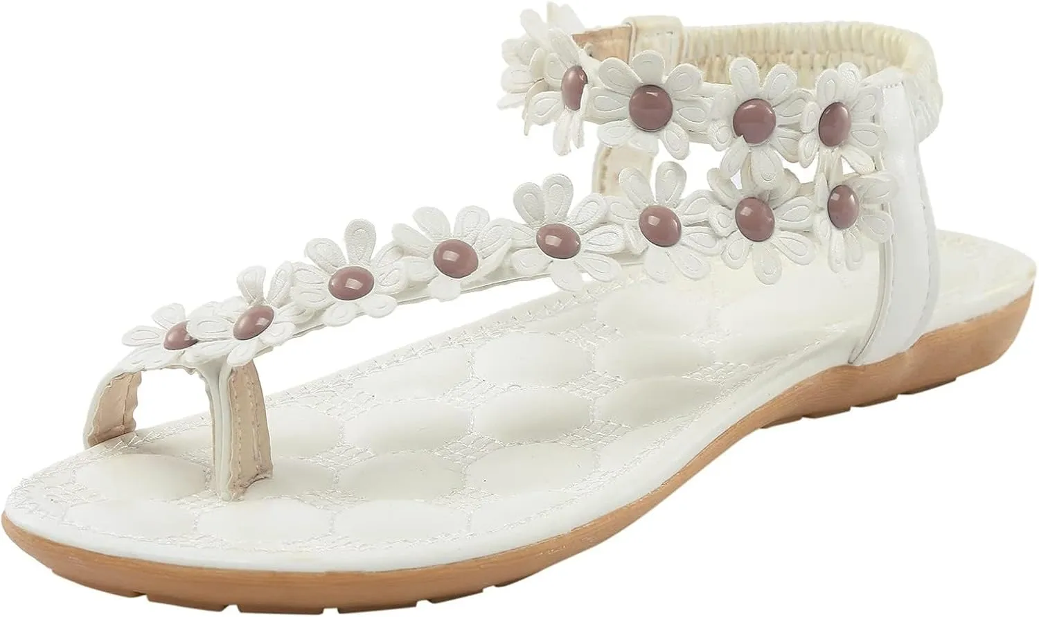 Womens Flat Thong Sandals Casual Comfortable Bohemia Elastic Ring Ankle Strap Dress Lightweight Slip on Flower Sandals