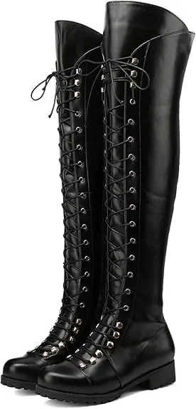 Women's Knee High Boots Victorian Lace Up Low Heel Boots Medieval Retro Combat Boots Fashion Chunky Heel Side Zipper Boots