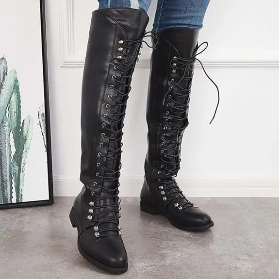 Women's Knee High Boots Victorian Lace Up Low Heel Boots Medieval Retro Combat Boots Fashion Chunky Heel Side Zipper Boots