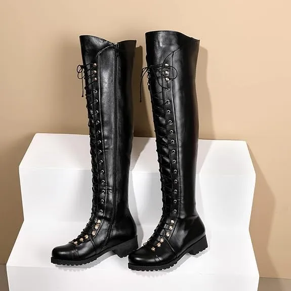 Women's Knee High Boots Victorian Lace Up Low Heel Boots Medieval Retro Combat Boots Fashion Chunky Heel Side Zipper Boots