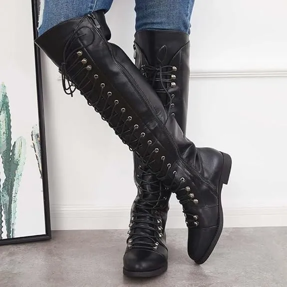 Women's Knee High Boots Victorian Lace Up Low Heel Boots Medieval Retro Combat Boots Fashion Chunky Heel Side Zipper Boots