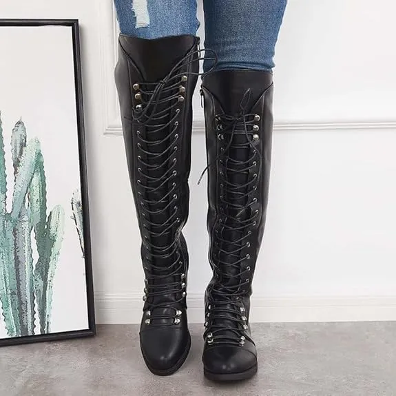 Women's Knee High Boots Victorian Lace Up Low Heel Boots Medieval Retro Combat Boots Fashion Chunky Heel Side Zipper Boots