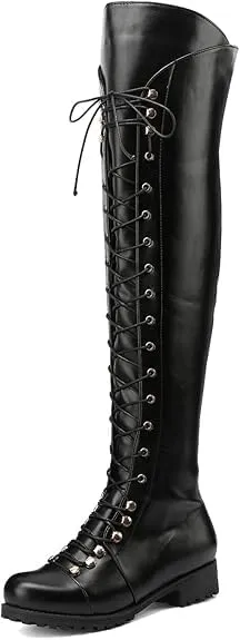 Women's Knee High Boots Victorian Lace Up Low Heel Boots Medieval Retro Combat Boots Fashion Chunky Heel Side Zipper Boots