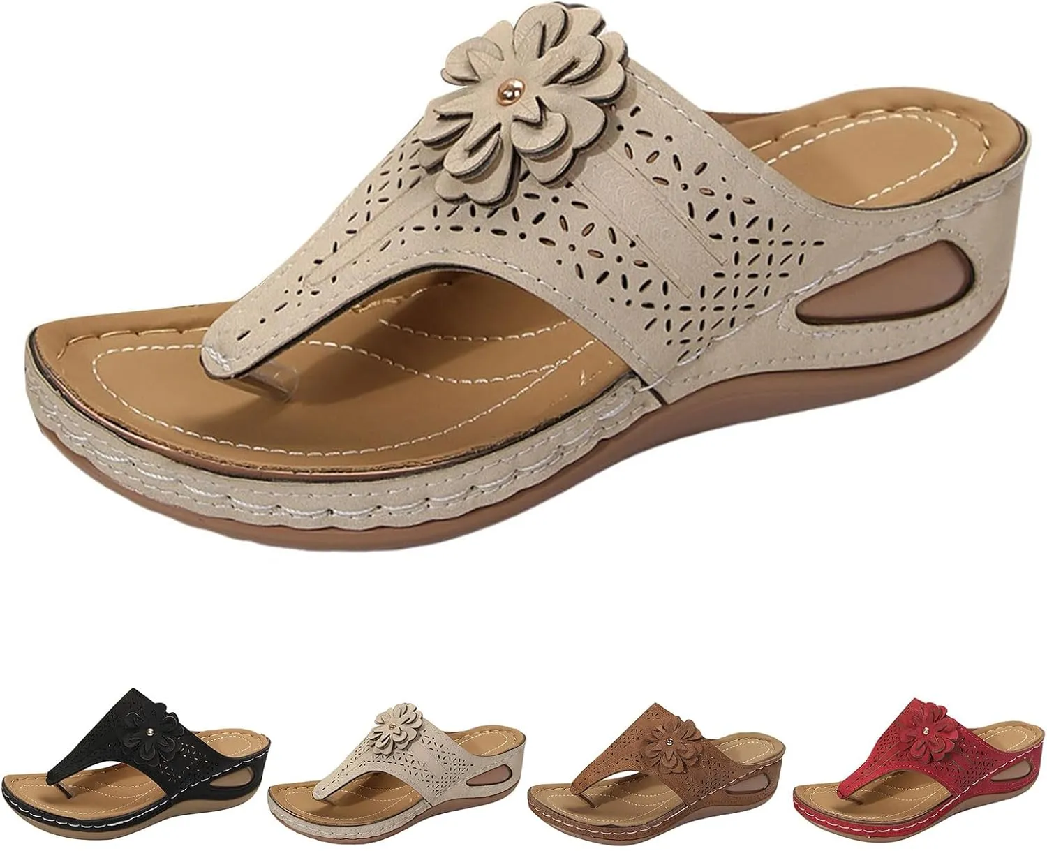 Womens Orthopedic Wedge Sandals Arch Support Slip on Comfortable Outdoor Beach Walking Lightweight Slippers Open Toe Flower Low Heel Flip Flops