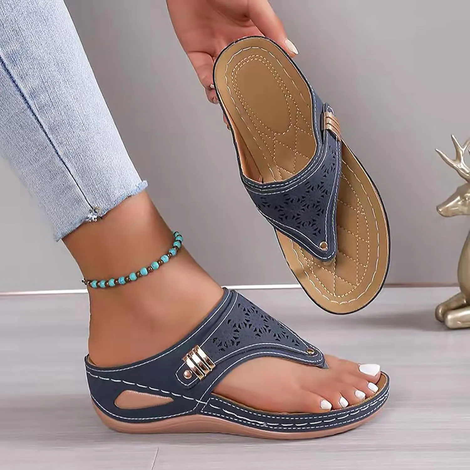 Womens Sandals 2025 Orthopedic Wide Width Slip-On Dressy Comfortable Summer Shoes Wedge Flip Flops Blue Spring