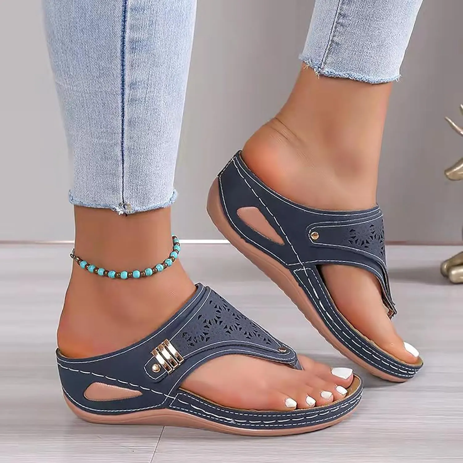 Womens Sandals 2025 Orthopedic Wide Width Slip-On Dressy Comfortable Summer Shoes Wedge Flip Flops Blue Spring